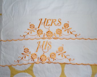 Set of 2 Vintage Embroidered Pillowcases His Hers Wedding Shower Gift Cottage Core All Cotton 1970's Standard Cases 20x30" bedding