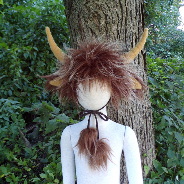 Ready to ship Kids Toddler 18-19.5" Highland Cow Hat Wild Thing Hat Fur Horned Halloween Costume Gift Warm Costume Furry Brown Horn Fur Hat