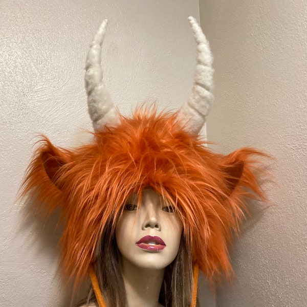 Monster Horn Hat Furry Hat OOAK Orange Wild Thing Hat Head Piece Fur Halloween Costume Beast Animal Horns Adult Unisex Ready to Ship