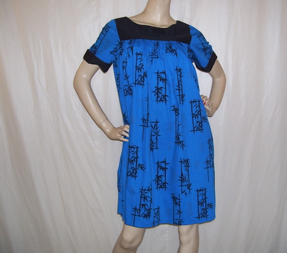 Hawaiian Dress 50s 1950s Bamboo Dress Blue Black … - image 1