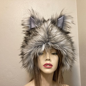 Furry Wolf Hat Ears Gray Brown Long Fur Head Piece Animal Hat Gift Halloween Costume Warm Winter Hat Adult USA Made Unique Gift Hat