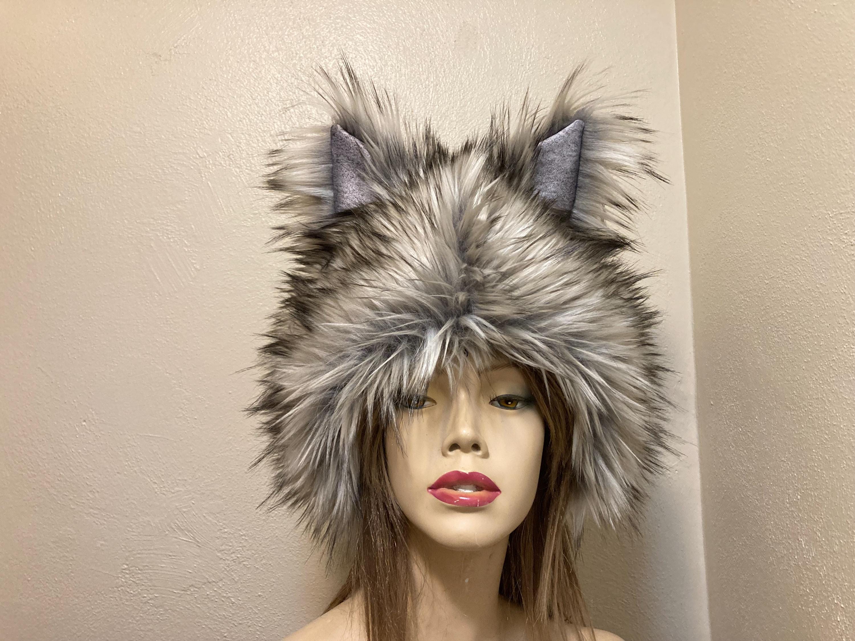 Furry Wolf Hat Ears Gray Brown Long Fur Head Piece Animal Hat Gift Halloween Costume Warm Winter Hat Adult USA Made Unique Gift Hat