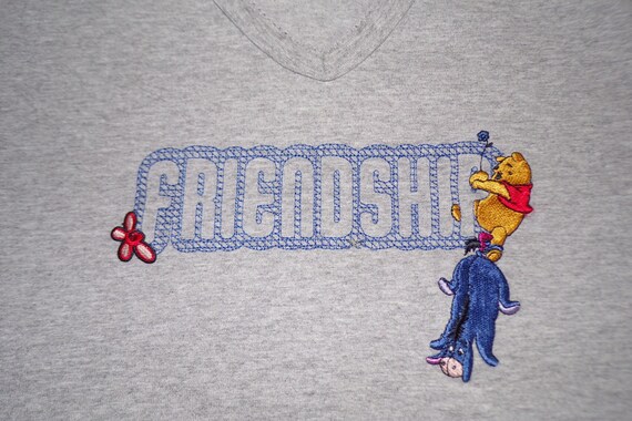Winnie Pooh T-shirt Vintage 90s V Neck Jerry Leigh Disney Eeyore Friendship Heather Gray Embroidered T Shirt Short Sleeve Top Women M