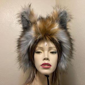 Brown Gray Wolf Hat Big Ears Faux Fur Costume Head Piece Wild Animal Furry Wolf Weird Animal Hat Unique Halloween Hat Adult Teen Big kids
