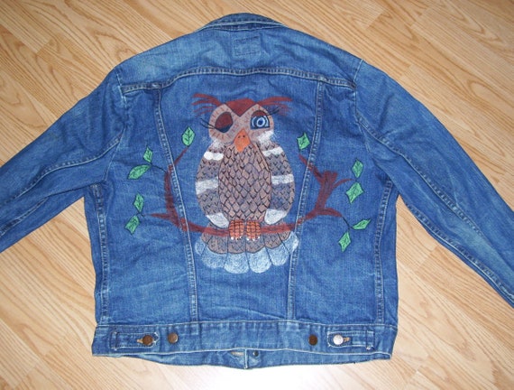 Owl Art Wrangler Jean Jacket Vintage Black Tab Tr… - image 1