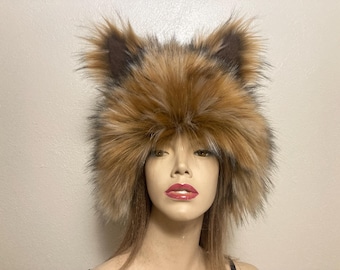 Furry Wolf Ear Hat: Brown Faux Fur Animal Costume, Adult Size