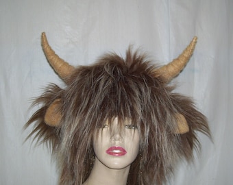 Highland Cow Hat Wild Thing Beast Hat Fur Horned Halloween Costume Head Piece Celtic Festival Furry Brown Bull Horn Fur Hat Unisex Adult ml