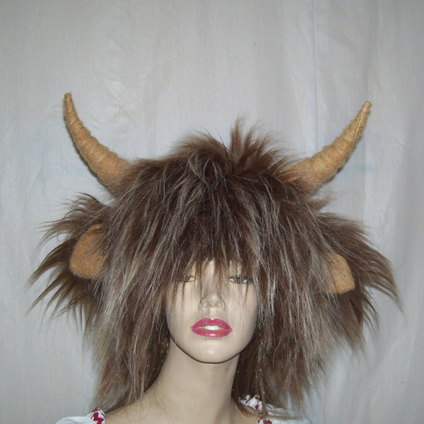 Highland Cow Hat Wild Thing Beast Hat Fur Horned Halloween Costume Head Piece Celtic Festival Furry Brown Bull Horn Fur Hat Unisex Adult ml