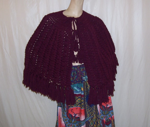 Burgundy Poncho Sweater 1970s Fringe Tassels Hand… - image 1