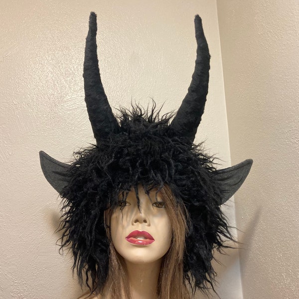 Krampus Hat Wild Thing Furry Horn Fur Monster Black Winter Hat OOAK Christmas Halloween Costume Head Piece Adult 21.5-23" head