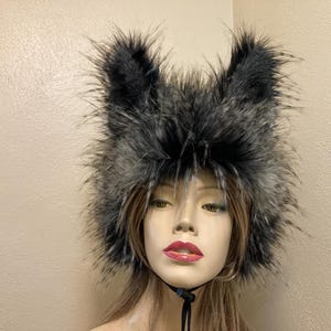 Gray Black Wolf Hat Big Ears Faux Fur Costume Head Piece Animal Furry Werewolf Weird Animal Hat Unique Halloween Hat Adult Teen Big kids