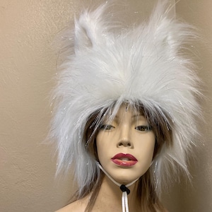 Ice Wolf Hat Big Ears Faux Fur Costume Head Piece Warm Animal Fox Furry Wolf Weird Animal Hat Unique Halloween Hat Adult Teen Big kids