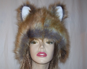 Red Fox Fur Hat with Ears Furry Foxy n Fabulous Fur Head Piece Halloween Costume Birthday Gift Winter Hat Adult Unisex Costume Hat USA Made