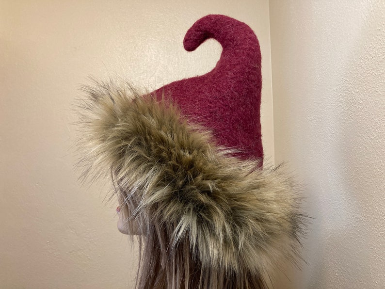 Rustic Red Wool Fur Pixie Hat Christmas Elf Upcycled Faux Fur Whoville Hat Warm Winter Adult OOAK Hat Weird Elven Christmas Red Hat Gift brown red