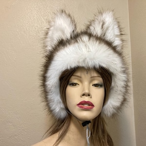 Husky Dog Wolf Hat Big Ears Faux Fur Costume Head Piece Animal Furry Werewolf Weird Animal Hat Unique Halloween Hat Adult Teen Big kids