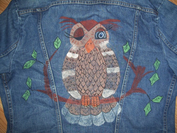 Owl Art Wrangler Jean Jacket Vintage Black Tab Tr… - image 5