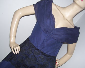 50s Evening Dress Sheer Net Lace Midnight Blue Off shoulder Party Dress Full Skirt Vintage Adult Costume Dress XS S 32 Bust 26 waist