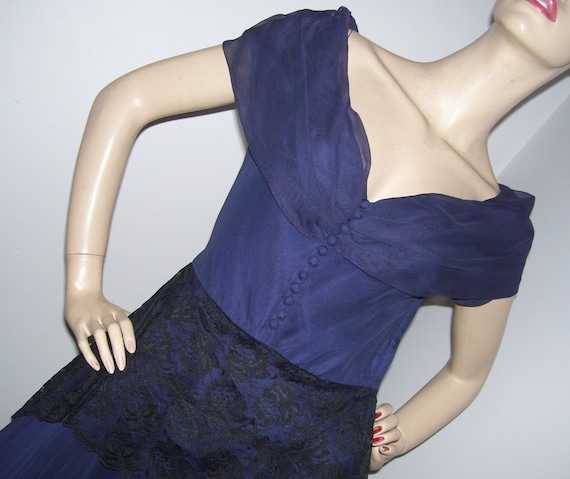 50s Evening Dress Sheer Net Lace Midnight Blue Of… - image 1