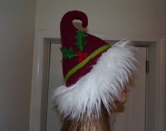 Red Wool Fur Pixie Hat Christmas Elf Upcycled Faux Fur Whoville Hat Warm Winter Adult OOAK Hat Ready to Ship Weird Upcycled Hat Gift