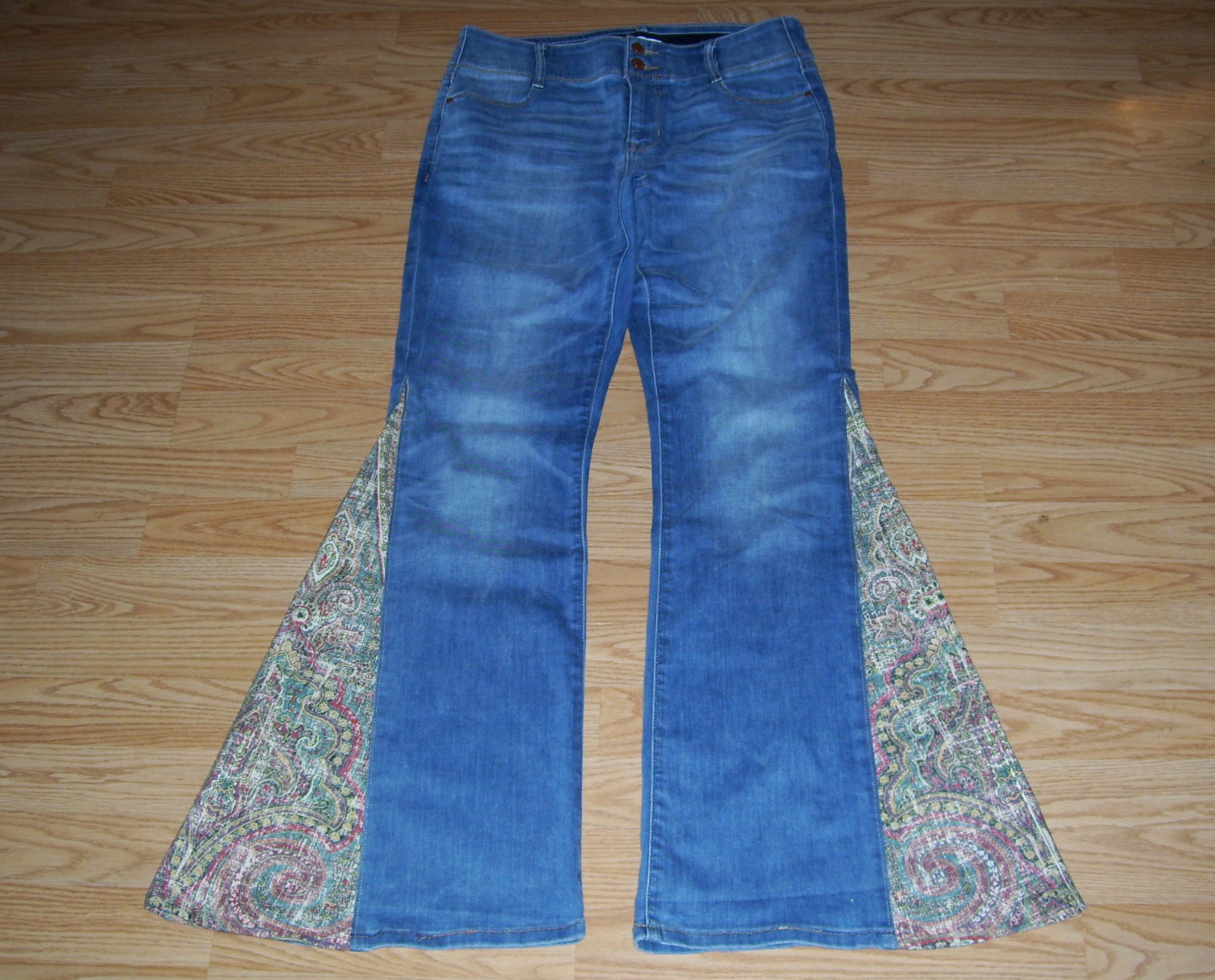 Custom Made 4 U Size 18 Plus Hippie Bell Bottom Jeans OOAK Stretch
