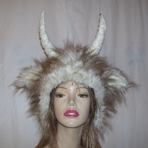 Wild Thing Horn Hat White Cream Tan Ears Horned Cryptid Monster Head Piece Furry Costume Hat Halloween Costume Wig Adult Unisex
