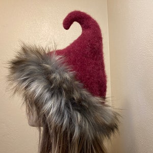 Rustic Red Wool Fur Pixie Hat Christmas Elf Upcycled Faux Fur Whoville Hat Warm Winter Adult OOAK Hat Weird Elven Christmas Red Hat Gift gray red