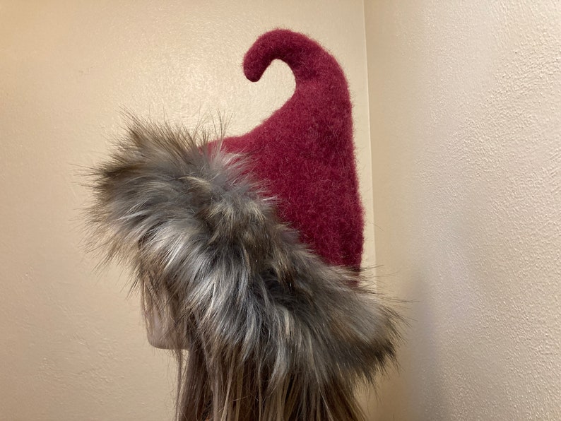 Rustic Red Wool Fur Pixie Hat Christmas Elf Upcycled Faux Fur Whoville Hat Warm Winter Adult OOAK Hat Weird Elven Christmas Red Hat Gift gray red