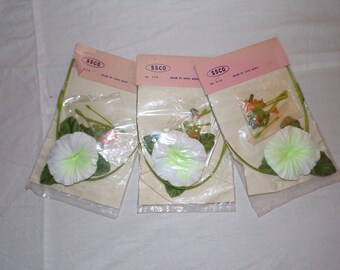 NIP Vintage Fabric Flowers Morning Glory Kit Lot of 3 Plastic Fabric Made in Hong Kong 70s Project Millenary Arrangements
