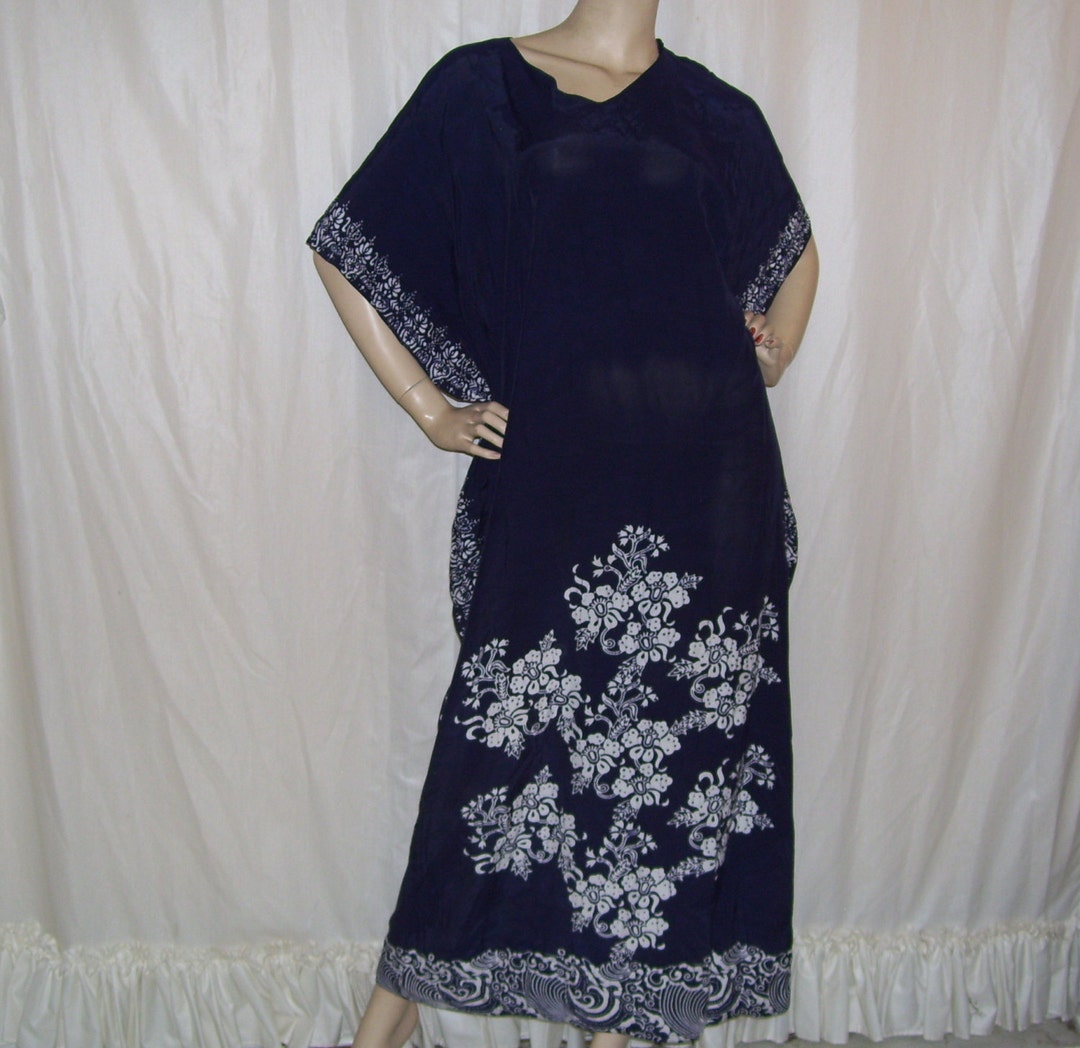 Batik Caftan Dress Indigo Blue White Vintage Maxi Dress - Etsy