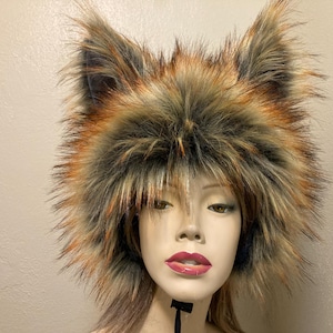 Gray Fire Wolf Hat Big Ears Fluffy Wild Fur Costume Head Piece Warm Winter Furry Wolf Weird Animal Hat Unique Halloween Hat Unisex Adult