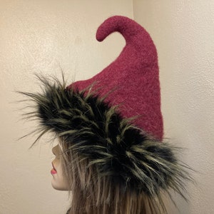 Rustic Red Wool Fur Pixie Hat Christmas Elf Upcycled Faux Fur Whoville Hat Warm Winter Adult OOAK Hat Weird Elven Christmas Red Hat Gift black red