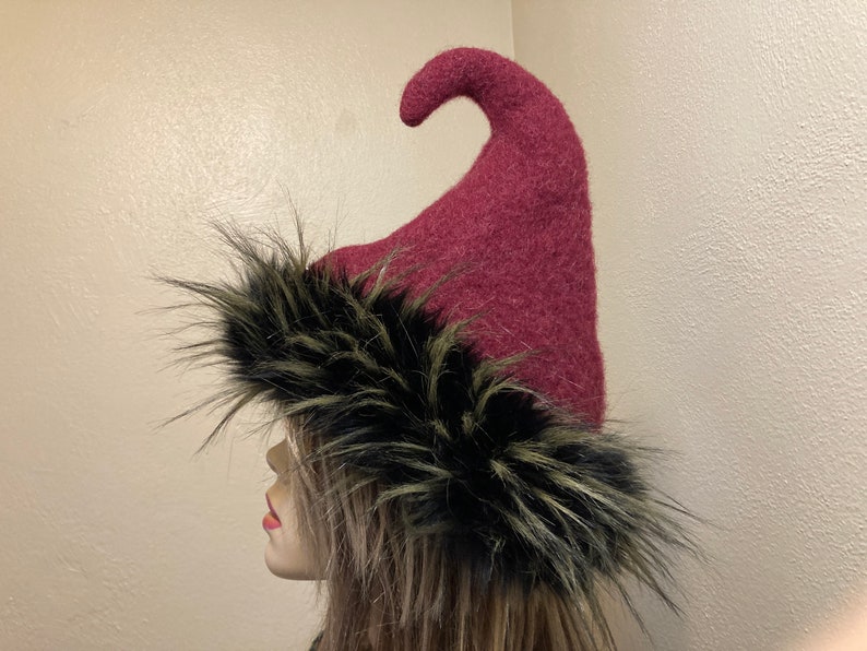 Rustic Red Wool Fur Pixie Hat Christmas Elf Upcycled Faux Fur Whoville Hat Warm Winter Adult OOAK Hat Weird Elven Christmas Red Hat Gift black red