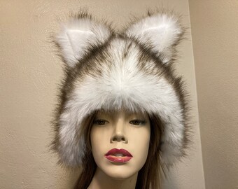 Husky Fur Hat White Brown OOAK Malamute Wolf Dog Animal Ear Weird Gift Warm Winter Furry Unisex Adult Hat