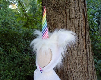 Kids White Unicorn Hat Tail Role Play Dress Up Rainbow Horn Fur Furry Hat OOAK Halloween Costume Head Piece Toddler Child Kid Unisex