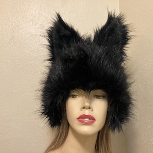 Black Animal Hat Thick Fur Wolf Ears Animal Creature Kitty Cat Costume Unisex Birthday Hat Halloween Costume Wig Adult USA Made Unique