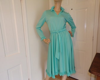 Polyester Office Dress Vintage Secretary Dress Pastel Blue Green Knife Pleat Ruffle Trim Hand Made 80's Midi Dress Aline Flare Skirt Women