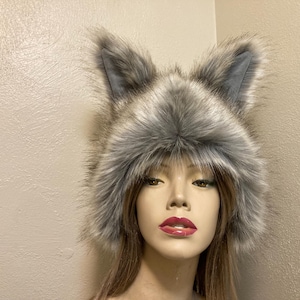 Furry Wolf Hat Ears Gray Brown Long Fur Head Piece Animal Hat Gift Halloween Costume Warm Winter Hat Adult USA Made Unique Gift Hat