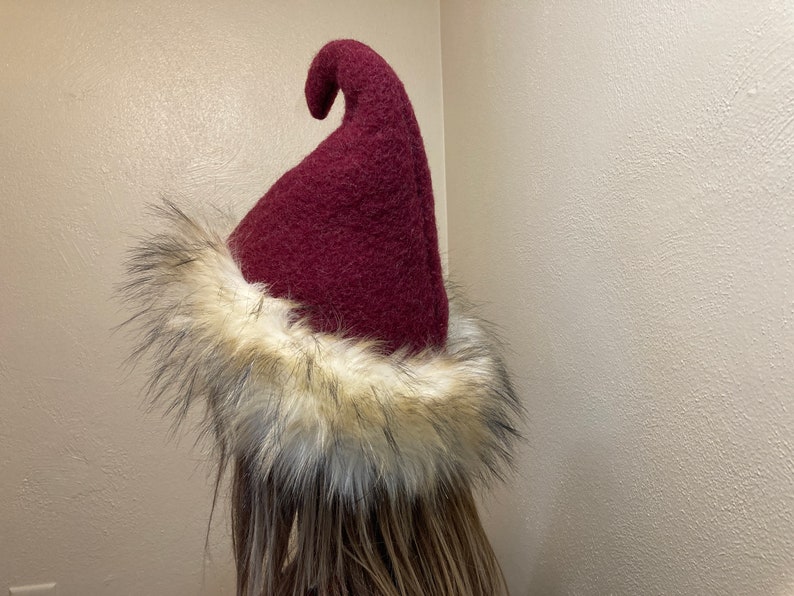 Rustic Red Wool Fur Pixie Hat Christmas Elf Upcycled Faux Fur Whoville Hat Warm Winter Adult OOAK Hat Weird Elven Christmas Red Hat Gift image 2