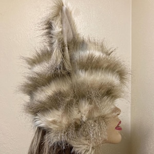 Furry Lemur Hat Ears Long Tail Brown Fur Head Piece Animal fur Hat Halloween Costume fun weird Winter Hat Striped Adult USA Made Ready ship