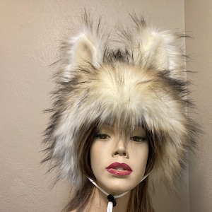 Wolf Hat Big Ears Faux Fur Costume Head Piece Warm Animal Fox Furry Wolf Weird Animal Hat Unique Halloween Hat Adult Teen Big kids