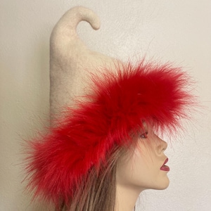 Ivory Wool Elf Hat with Faux Fur - Adult Pixie Christmas or costume