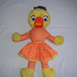 Knickerbocker Duck Rare Plush Polka Dot Skirt Yellow Orange 50s-60s Tag Doll Stuffed Animal Distinction Joy Toy Vintage Easter Decor 19"