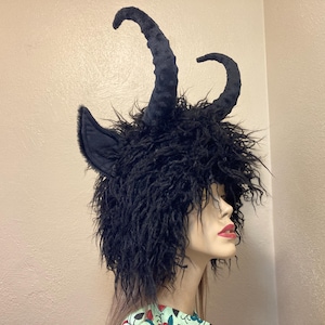 Krampus Hut Wild Thing Furry Horn Pelz Monster schwarze Wintermütze OOAK Weihnachten Halloween Kostüm Kopf Stück 55-59 cm Kopf