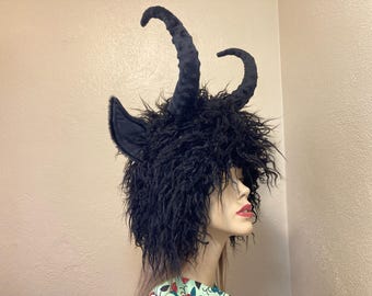 Krampus Hat Wild Thing Furry Horn Fur Monster Black Winter Hat OOAK Christmas Halloween Costume Head Piece Adult 21.5-23&quot; head