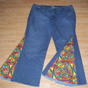 Plus Size 26 Hippie Bell Bottom Jeans OOAK Stretch new Upcycled Bright 70s Zodiac Mandala Jean Unique Bell Bottoms Adult Plus Size 26 x 31