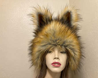 Faux Fur Wolf Hat: Brown Red Animal Ears Costume, Adult Size