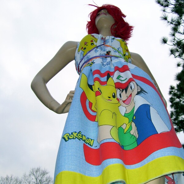 OOAK Pokemon Dress Picachu Comicon Cartoon Pokemon Dress Upcycled Geek Anime Sundress Adult M L XL Plus