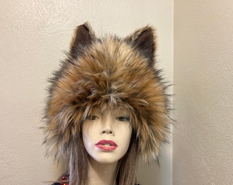 Ready to Ship Furry Wolf Hat Ears Coyote Brown Fur Head Piece Animal Hat Gift Halloween Mardi Gras Costume Warm Winter Hat Teen Adult