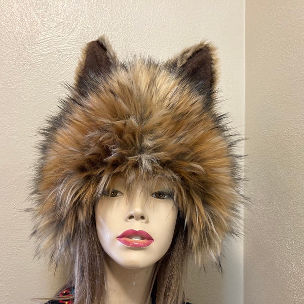 Ready to Ship Furry Wolf Hat Ears Coyote Brown Fur Head Piece Animal Hat Gift Halloween Mardi Gras Costume Warm Winter Hat Teen Adult