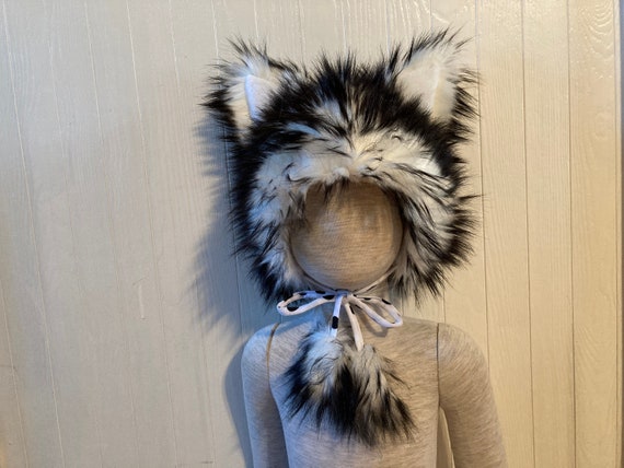 Husky Furry Hat N Tail Ears Kid Vegan Fur White Black Wolf Warm